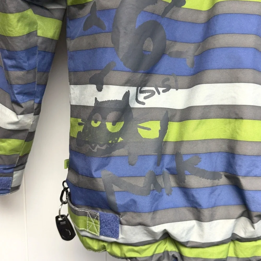 Souris Mini Boys Striped Hooded Winter Coat Blue Green Grey Fleece Lined Size 8